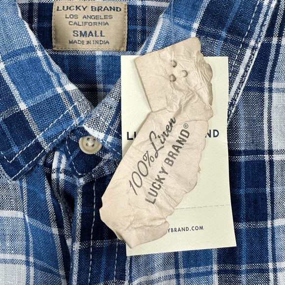 Lucky Brand Linen Shirt Button Front Long Sleeve Plaid Mens Small California Fit - Picture 8 of 11